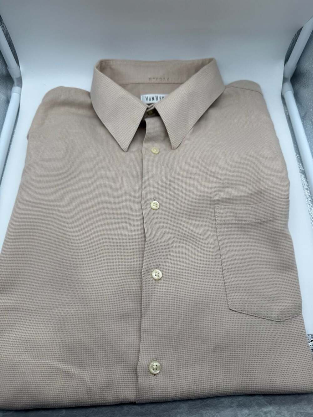 Van Heusen Regular Fit Wrinkle Free Tan Micro-Pattern Dress Shirt 17 1/2 34/35